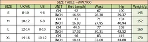 Detailed size chart for lace satin mini skirt showing measurements in centimeters and inches