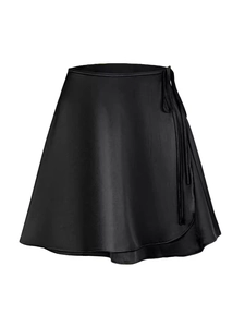 High-waisted black faux leather wrap skirt with A-line cut and side tie-up waist design