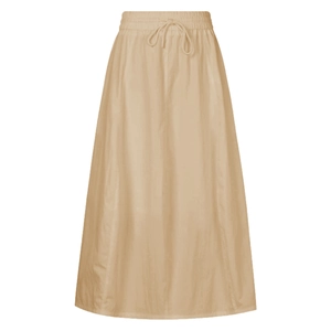 Close-up of beige cotton long skirt featuring elastic high waist and drawstring detail