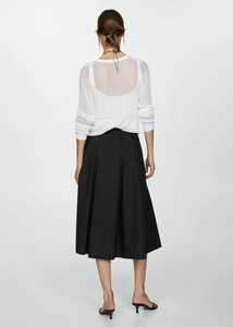 Rear view of elegant high-waisted pleated midi skirt with smooth draping fabric texture