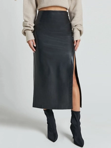 Jupe Midi en Similicuir PU à Taille Haute pour Femmes Avec Fente Latérale Jupe Crayon Moulante Élégante Jupe en Similicuir Automne Hiver
