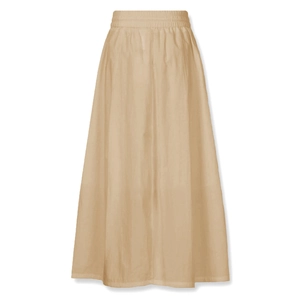 Detail of high waist elastic waistband and fine stitching on khaki cotton maxi skirt