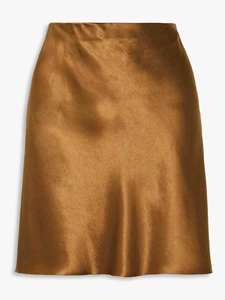 Elegant high waist bronze satin skirt with smooth silk texture and drape design