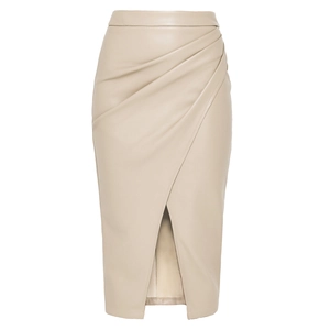Detail of high waist beige faux leather skirt featuring wrap style pleats and front slit