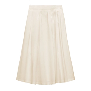 Close-up of pleated cream satin midi skirt with elegant vertical folds and smooth texture