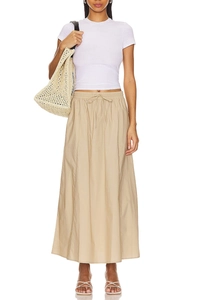 Detail of high waist cotton skirt with drawstring and elastic waist in light khaki