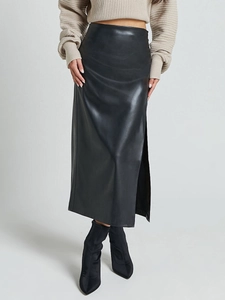 Jupe midi en cuir PU noir à taille haute avec fente latérale et coupe ajustée élégante