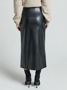Jupe midi chic en similicuir noir à taille haute avec fente arrière et coupe ajustée