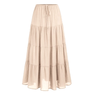 Vue détaillée de la jupe longue en coton beige avec taille élastique et volants étagés