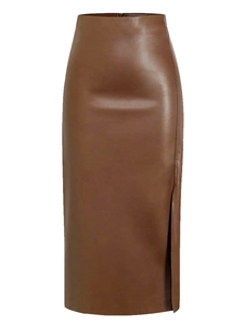 Jupe midi en similicuir marron à taille haute avec fente latérale et coupe ajustée