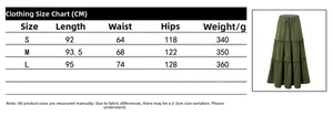 Detailed size chart with measurements for the army green high waist maxi skirt