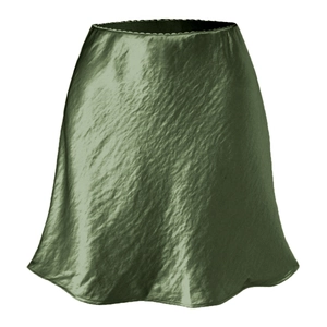 Detail view of dark green satin mini skirt showing textured fabric and elastic waistband