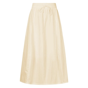 Detail view of high waist cotton skirt with adjustable drawstring and elastic waistband