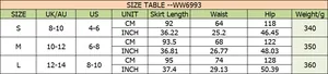 Size chart showing S, M, L dimensions for the high-waist skirt with length and waist specs