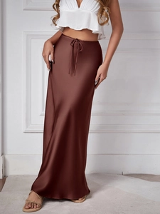 High-waist satin maxi skirt in chocolate brown with drawstring tie and elegant drape