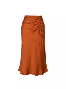 Elegant high waist satin midi skirt with side ruching and drawstring detail in caramel orange