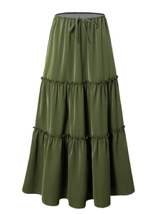 Detail of high waist olive green satin maxi skirt with elastic drawstring and tiered ruffles