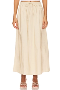 Detailed view of beige high waist skirt with adjustable drawstring and elastic waistband