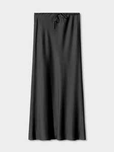 Elegant black high-waisted satin maxi skirt with drawstring waist and smooth drape