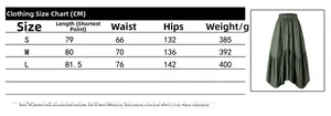 Detailed size chart for high waist maxi skirt in army green with elastic tie waist