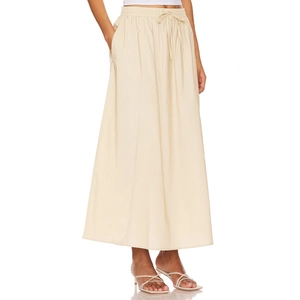 Detail of high waist cotton long skirt with drawstring elastic waist and side pockets
