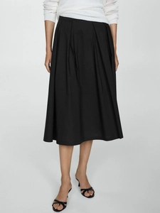 Elegant high waist black pleated midi skirt with A-line silhouette in premium cotton blend