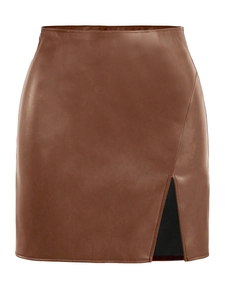 High waist brown PU leather mini skirt with side slit and slim fit silhouette