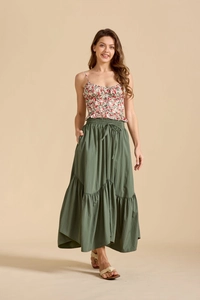 Detail of army green tiered maxi skirt with elastic high waist and decorative drawstrings