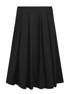 Elegant black pleated midi skirt with high waist design and textured vertical folds