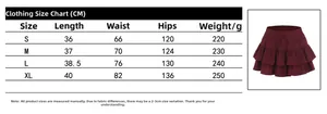 Size guide for high waisted athletic mini skirt including length, waist and hip dimensions