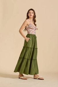 Detail view of military green tiered maxi skirt with adjustable drawstring waistband