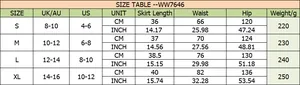Size chart for high waisted sports skirt showing S-XL measurements in cm and inches