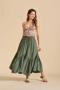 Detail of army green tiered maxi skirt with high elastic waist and adjustable drawstring