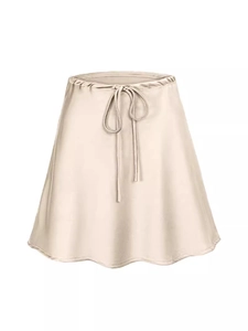 Elegant champagne satin mini skirt with high waist drawstring and smooth silky texture