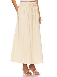 Women's high waist cotton A-line skirt with drawstring in beige, featuring a side slit
