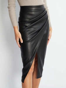 Women High Waist PU Faux Leather Midi Skirt Sexy Side Slit Wrap Draped Bodycon Pencil Skirt Elegant Office Lady Party Bottoms