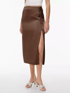Women High Waist Satin Midi Skirt Side Slit Lace Up Straight Solid Color Elegant Commuter Pencil Skirt Fashion Bottoms