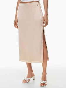 Elegant champagne satin wrap midi skirt with high waist tie and side slit detail