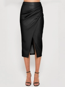 High-waisted black PU leather wrap skirt with front slit and minimalist sleek design