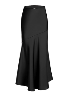 Jupe midi élégante en satin noir à taille haute avec finition brillante et coupe fluide