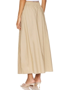 Women's khaki high-waisted cotton A-line maxi skirt with elegant slit and drawstring