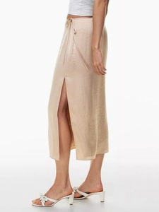 Elegant high waist champagne satin midi skirt with side slit and tie waist detail