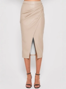 Elegant beige high-waist PU leather midi skirt with front slit and draped ruffle details