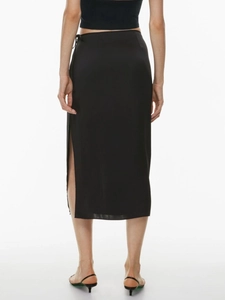 Elegant black high-waisted satin midi skirt with side slit and tie waist for women