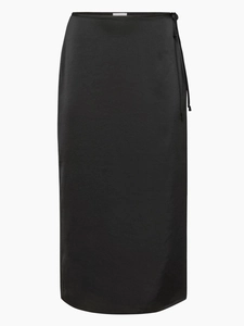 Elegant high-waist black satin midi skirt with waist tie and side slit detail