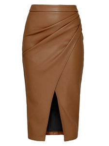High-waisted brown PU leather wrap skirt with elegant draped split and front zip detail