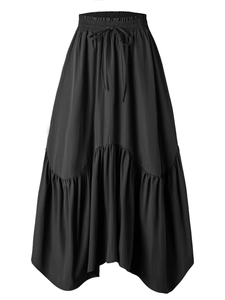 High waist black tiered maxi skirt with adjustable drawstring and irregular hemline
