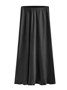 Elegant high-waisted black acetate satin maxi skirt with high gloss and A-line silhouette