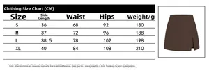 Detailed size guide table for high waisted stretch skort with side zipper and split
