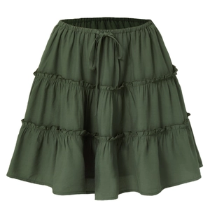 Detail of high waist dark green tiered mini skirt with elastic drawstring waistband